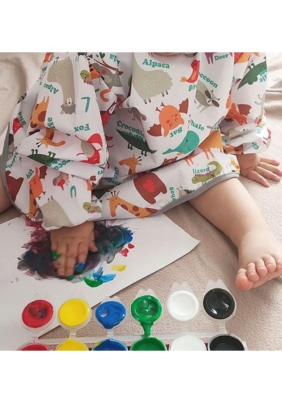 7-11 Yaş Zoo Sıvı Geçirmez Makinede Yıkanabilir Uzun Kollu Çocuk Aktivite Boyama Önlüğü