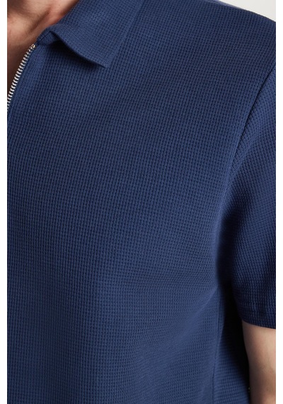 Tudors Erkek Slim Fit Dar Kesim %100 Pamuk Fermuarlı Lacivert Polo Yaka Tişört-34350 Lacivert