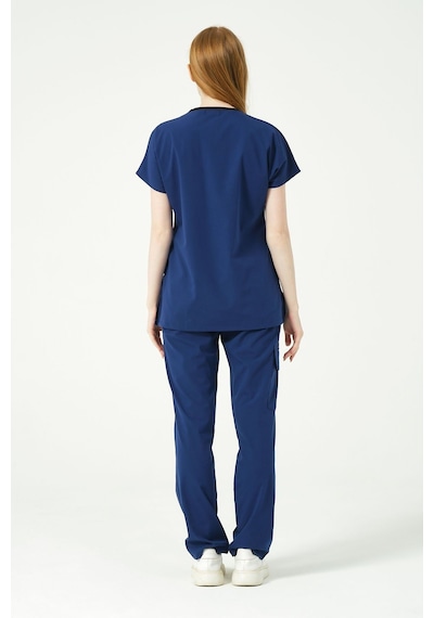 Saks Mavi Likralı Scrubs Kargo Cep Doktor Hemşire Forması Yarasa Kol Takım Unisex