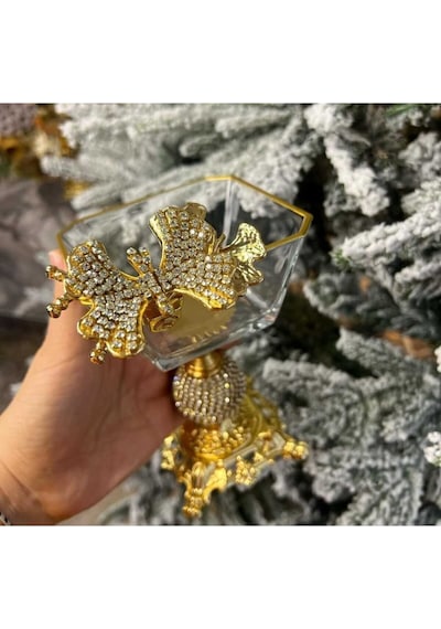 Elta Collection Karen 7 Parça Kelebekli Elmas Döküm Ayaklı Sunumluk Magnolia Dondurmalık Cup Ve Salata Kase Seti Gold