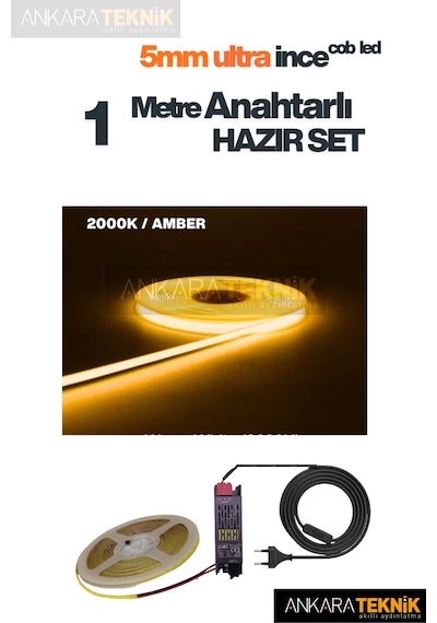 Ankara Teknik 5mm Ultra Ince Cob Şerit Led - Amber 12volt Tak Çalıştır Anahtarlı Set Metre Seçiniz 1 Metre