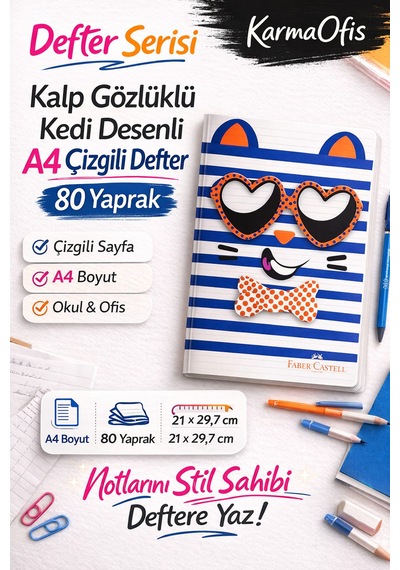 Kedi Desenli A4 Çizgili Defter 80 Yaprak 4'lü Set Kalp Gözlü,büyük Gözlü,pembe Ve Siyah Kedi Tasarım