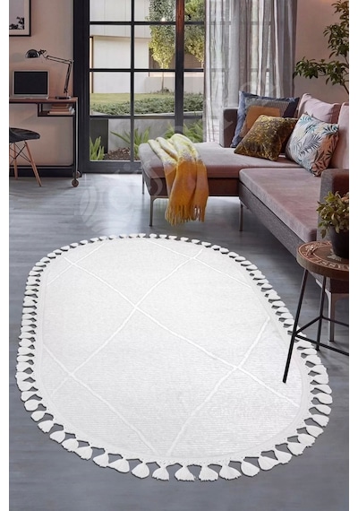 Halı Beyaz Cool Bohem Desenlidesenli Yıkanabilir Saçaklı Oval Yolluk Salon Halısı