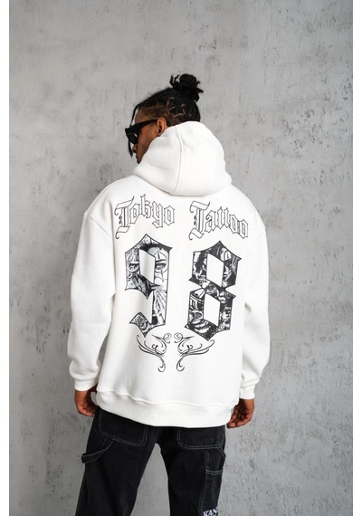 Barlashive Erkek 98 Baskılı Kapşonlu 3 İplik Pamuklu Sweatshirt Hoodie - Beyaz Çok Renkli
