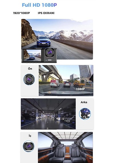 1080p Full Hd Çözünürlük 3 Kameralı Araç İçi Seyir Ve Arka Kamera