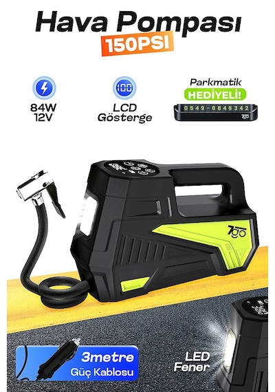 7go 7a7 Turbo Boost 150 Psı Araç Hava Pompası 12v Çakmaklık Girişli Dijital Lastik Şişirme Kompresörü 0 - 150 Psı 0 - 10 Bar
