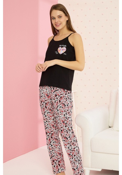 Siyah İnci Pamuklu Ip Askılı Pijama Takım 23107022 Çok Renkli
