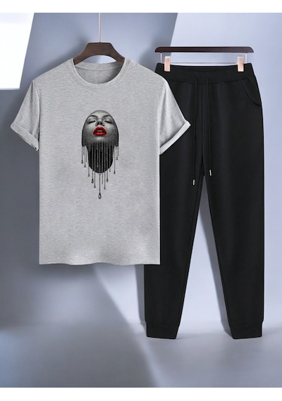 Uyguntarz Unisex Pırlantalı Kadın Portresi Tasarım Basklı Tshirt Eşofman Takımı Gri