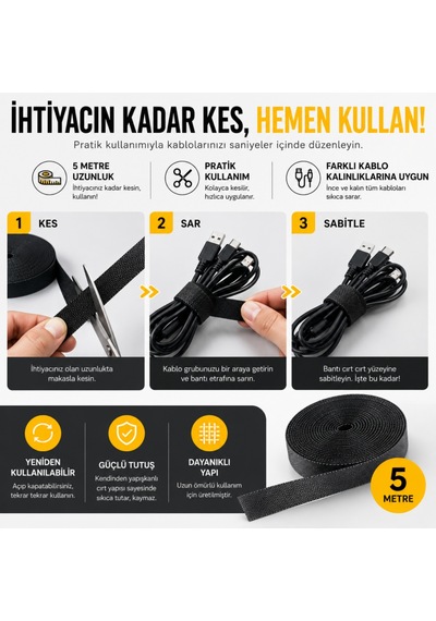 Coofbe 5 Metre Cırt Cırt Kablo Düzenleyici Bant Kesilebilir Kablo Toparlayıcı Bağ Ve Tutucu Kablo Düzenleyici