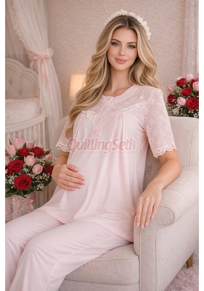 Lady Bebe Pembe Renkli Dantel Detaylı 33206 Kısa Kol 2 Parça Lohusa Hamile Pijama Takımı Açık Pembe