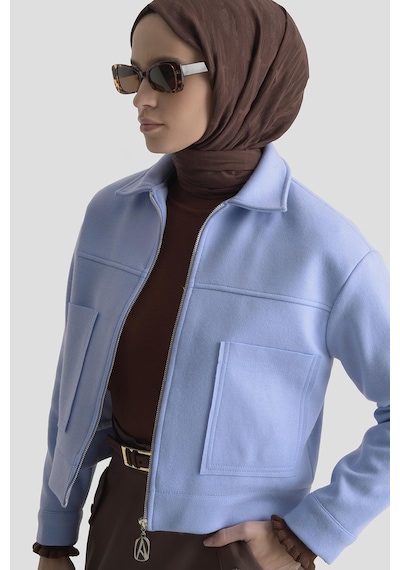Armine Trend Boydan Fermuarlı Cep Detaylı Kısa Ceket Mavi 25kt517
