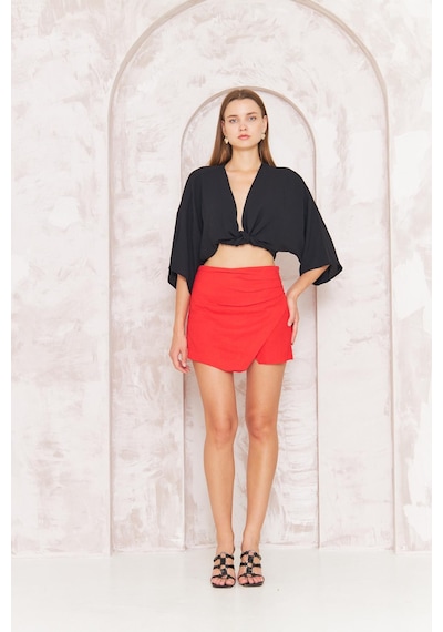 Darlin Moda Kadın Kırmızı Drapeli Yırtmaçlı Keten Karışımlı Mini Şort Etek Dm2035 958 Kırmızı