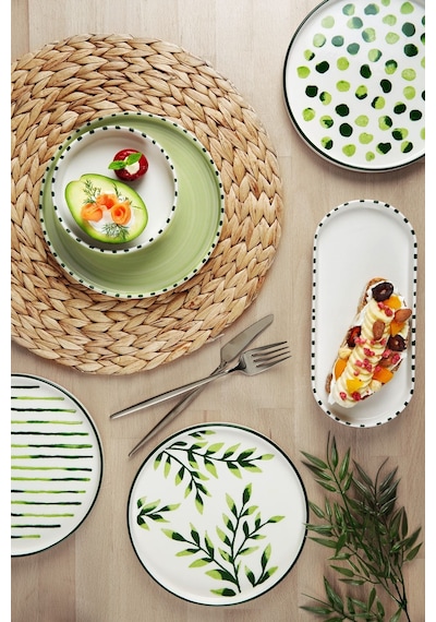 22 Parça 12 Kişilik Greentree Stackable Kahvaltı Takımı - Lüx Kahvaltılık Sunum Seti Tabağı Yeşil