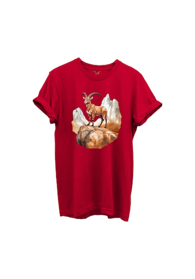 Dağ Keçisi Tasarımlı Avcılık Konseptli %100 Pamuk Regular Fit Bisiklet Yaka Unisex T-shirt Kırmızı