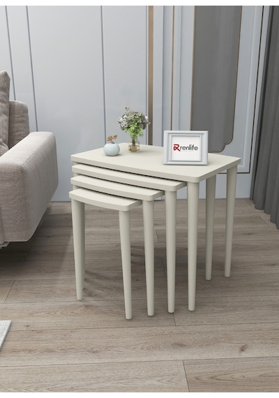 Renlife Krem Boyalı 4 Lü Lüx Mdf Zigon Sehpa Takımı Krem Krem Krem Ayaklı
