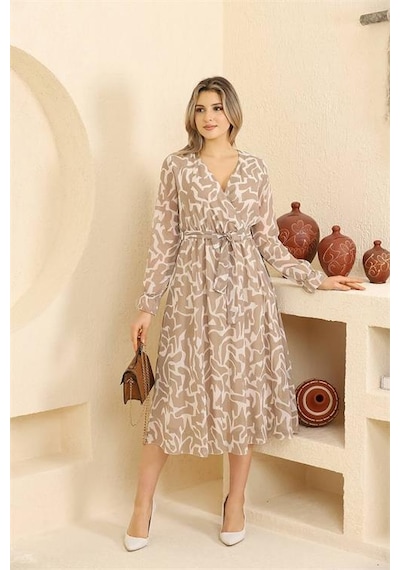 Dip Moda Kadın Midi Boy Desenli Şifon Elbise Dprssn32 BEJ