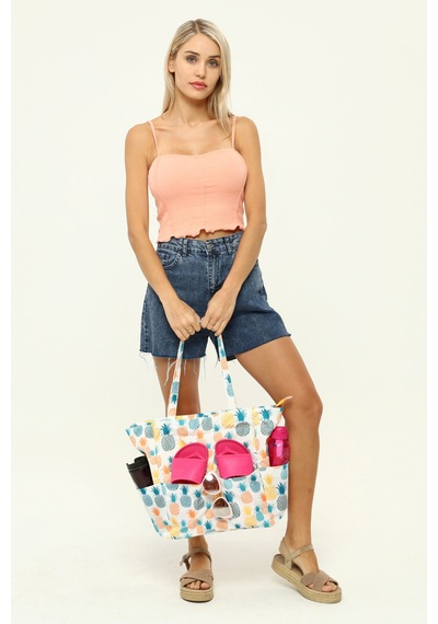 İcone Bag Kadın Çantası, Fonksiyonel Baskılı Plaj Çanta, Beach Bag, Karpuz Tropical Desenli Fermuarlı Çanta Yeşil - Sarı