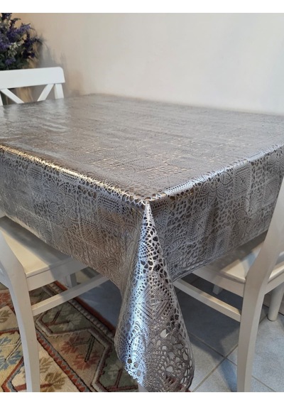 İthal Silinebilir Pvc Masa Örtüsü Kaymaz Tabanlı, Kumaş Görünümlü Pvc Masa Örtüsü İthl026 Gümüş