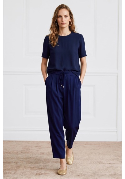 Sateen Kısa Kollu Bluz - Lacivert-137408