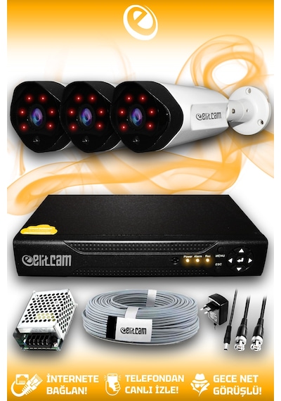 Elitcam 3 Kameralı Uzay 3 Dış Kamera Set HDD'siz Full HD Gece Görüşlü Güvenlik Kamerası Sistemi
