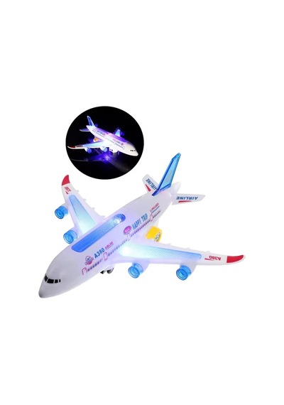 Pilli 3d Işıklı Sesli Müzikli Büyük Boy Yerde Gezen Oyuncak Uçak 30 Cm.