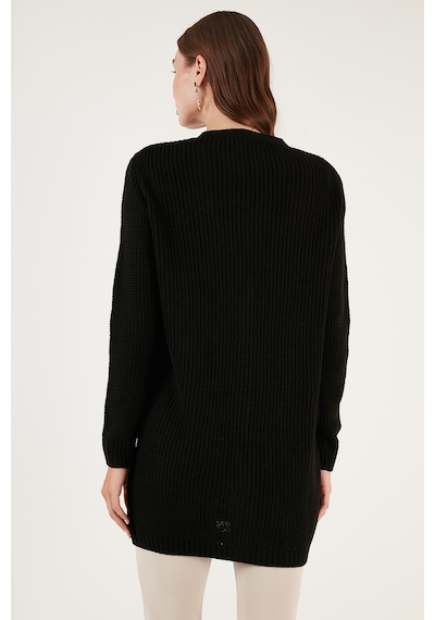 Lela Regular Fit V Yaka Düğmeli Triko Örme Uzun Bayan Hırka 4615044 Siyah