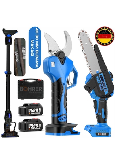 Böhrer Alman Pro 40-30 MM Çift Kademe Çift Akü V258 Yağlı Budama Makası + Budama Testeresi Seti 2'li