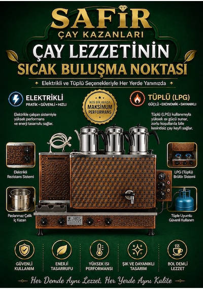 3 Gözlü Bakır Çay Kazanı Elektrik + Tüplü Bakır Çay Semaveri Lpg Li Yıldız Model Bakır Çay Ocağı Kazanı Vip Plus