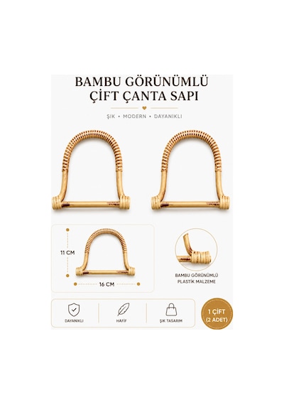 Vollen Yarn Bambu Görünümlü Plastik Çanta Sapı 16x11 Cm 1 Çift 2 Adet Hafif Dayanıklı Çanta Kulpu El Yapımı Çanta Aksesuarı Bej