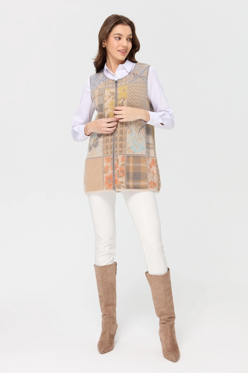 Desen Triko Kadın Sıfır Yaka Patchwork Yelek Bej Bej