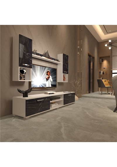 Decoraktiv Eko 5da Mdf Dvd Tv Ünitesi Tv Sehpası Beyaz - Siyah Mermer