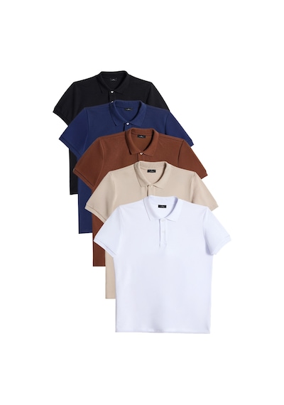 Tudors Erkek 5'li Paket Siyah-lacivert-kahve-taş-beyaz Slim Fit Dar Kesim Pamuklu Düz Pike Polo Yaka Tişört-52832 Çok Renkli
