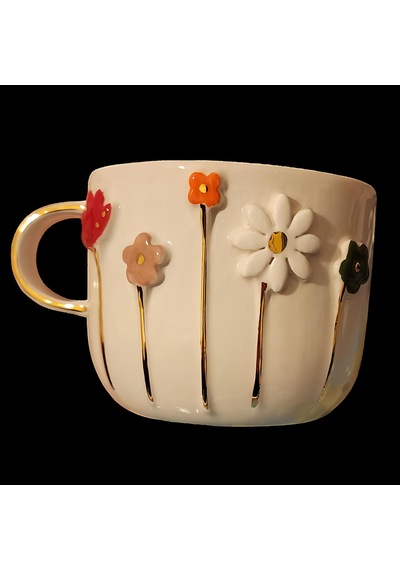 Dearmoon House El Yapımı Seramik Mug, 24 Karat Gerçek Altın Bezemeli, Çiçek Desenli, Atlı Karınca Kutulu, Hediye Seti, Lüks Kupa Beyaz - Çok Renkli