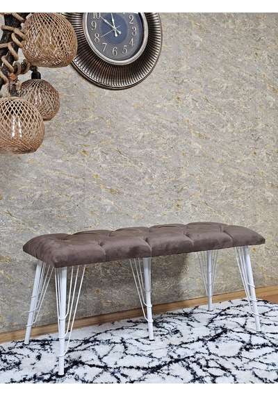 Zafir Metal Beyaz Tel Ayaklı 100 Cm Puf Bench - Puf - Bench - Oturak - Mutfak Oturağı - Antre Oturağı Kahverengi