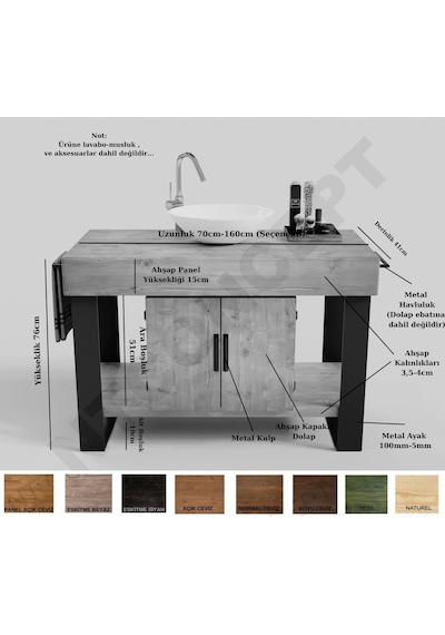 Ntconcept Miha Masif Ahşap Lavabo Dolabı Hilton 70Cm Açık Ceviz