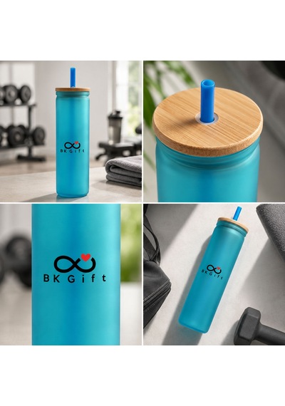 Logonuza Özel 10 Adet Plastik Pipetli Bambu Kapaklı 500 Ml Cam Suluk - Mavi