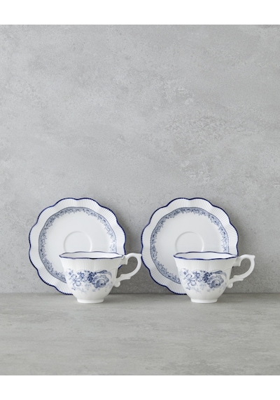 English Home Carmine Porselen 4 Parça 2 Kişilik Çay Fincanı Takımı 200 Ml Lacivert-beyaz