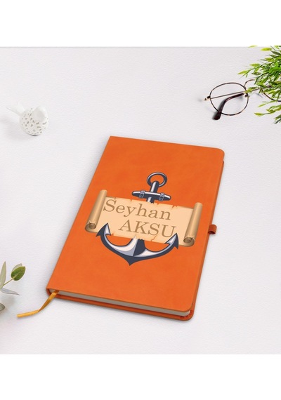 Kişiye Özel Çapa Tasarımlı Turuncu Termo Deri Defter Model 3