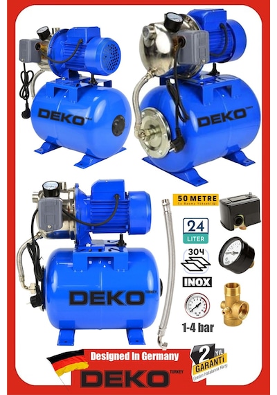 Deko Dk1540j 1.5hp Paslanmaz Jet Su Motoru + 24lt Tanklı Hidrofor Seti 4kat 4daire Full Bakır Sargı