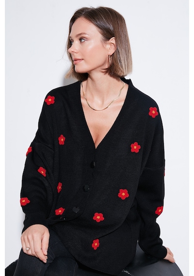 Lela Oversize Fit Çiçekli Düğmeli V Yaka Soft Akrilik Bayan Hırka 4616192 Siyah