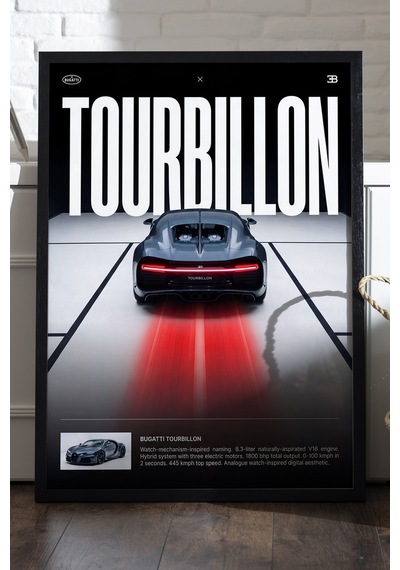 Bugatti Tourbillon Siyah Ahşap Çerçeveli Poster, Dekoratif Araba Duvar Tablosu