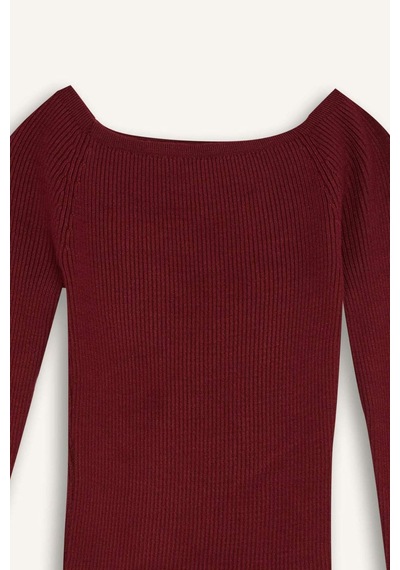 Defacto Fitted Açık Omuz Basic Düz Bordo Triko Kazak E0314AX24WNBR115 Bordo