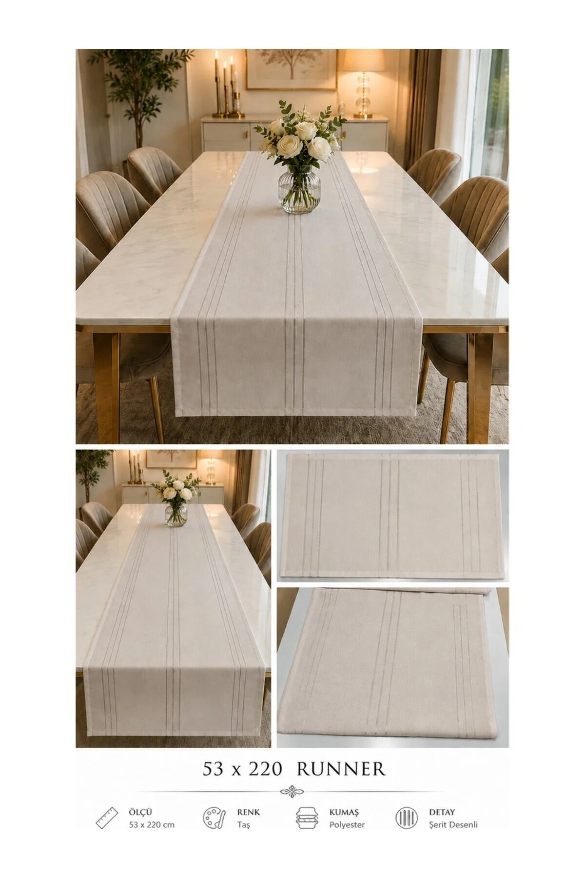 %100 Polyester Dertsiz Leke Tutmaz Şerit Desenli Runner Masa Örtüsü 53x200 Cm Taş Gri