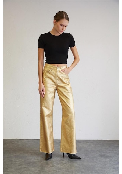 Yüksek Bel Metalik Pantolon Gold