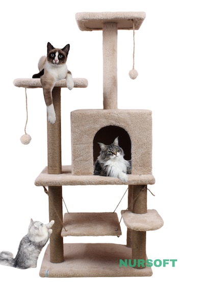 Nursoft Violet Salıncaklı Yuvalı Lüx Kedi Tırmalama Oyun Evi - Nursoft Y-01