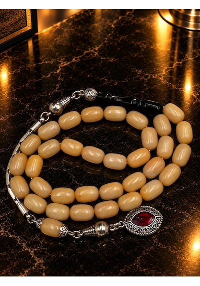El Boy Alpaka Püsküllü Beyaz Hamur Sıkma Kehribar Tesbih 7x11 Mm