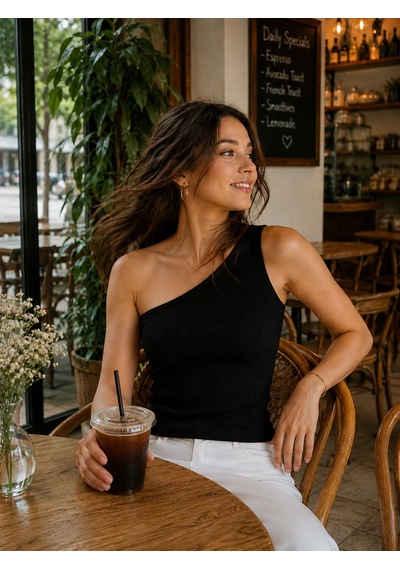 Feyece Siyah Tek Omuz Detaylı Kaşkorse Bluz Crop
