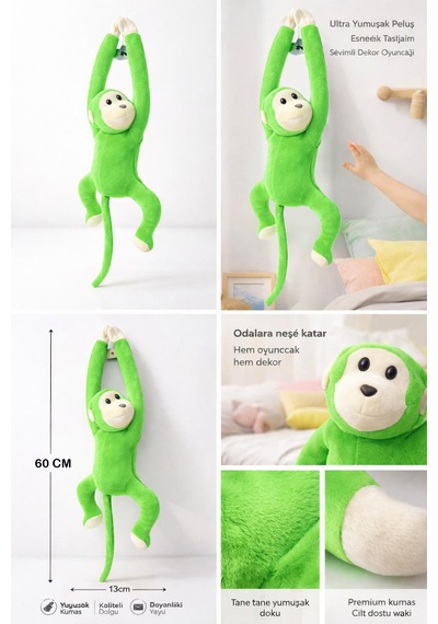 Maymun Yapışkanlı Vikvik Sesli 60cm - Maymun Peluş Oyuncak Açık Yeşil