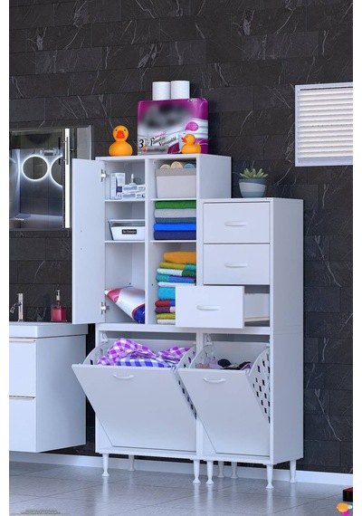 Ohbe 60 + 35cm Genişlik 160cm Boy 32,5cm Derinlik Kirli Sepetli 1 Kapak 3 Çekmeceli Çok Amaçlı Banyo Dolabı Beyaz Ohbe 60 + 35cm Genişlik 160cm Boy 32,5cm Derinlik Kirli Sepetli 1 Kapak 3 Çekmeceli Çok Amaçlı Banyo Dolabı Beyaz