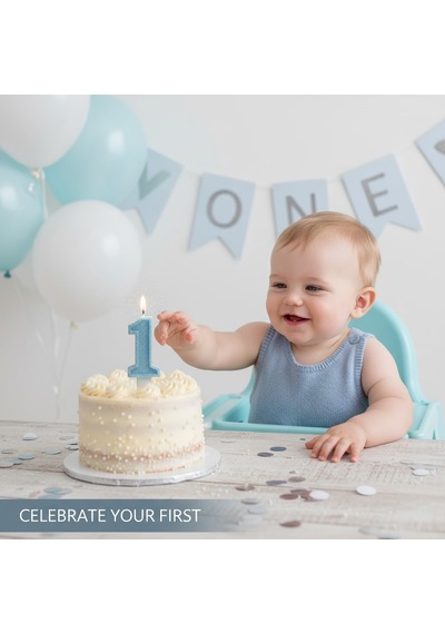 Mavi Simli Doğum Günü Mumu Pasta Mum 1 Yaş